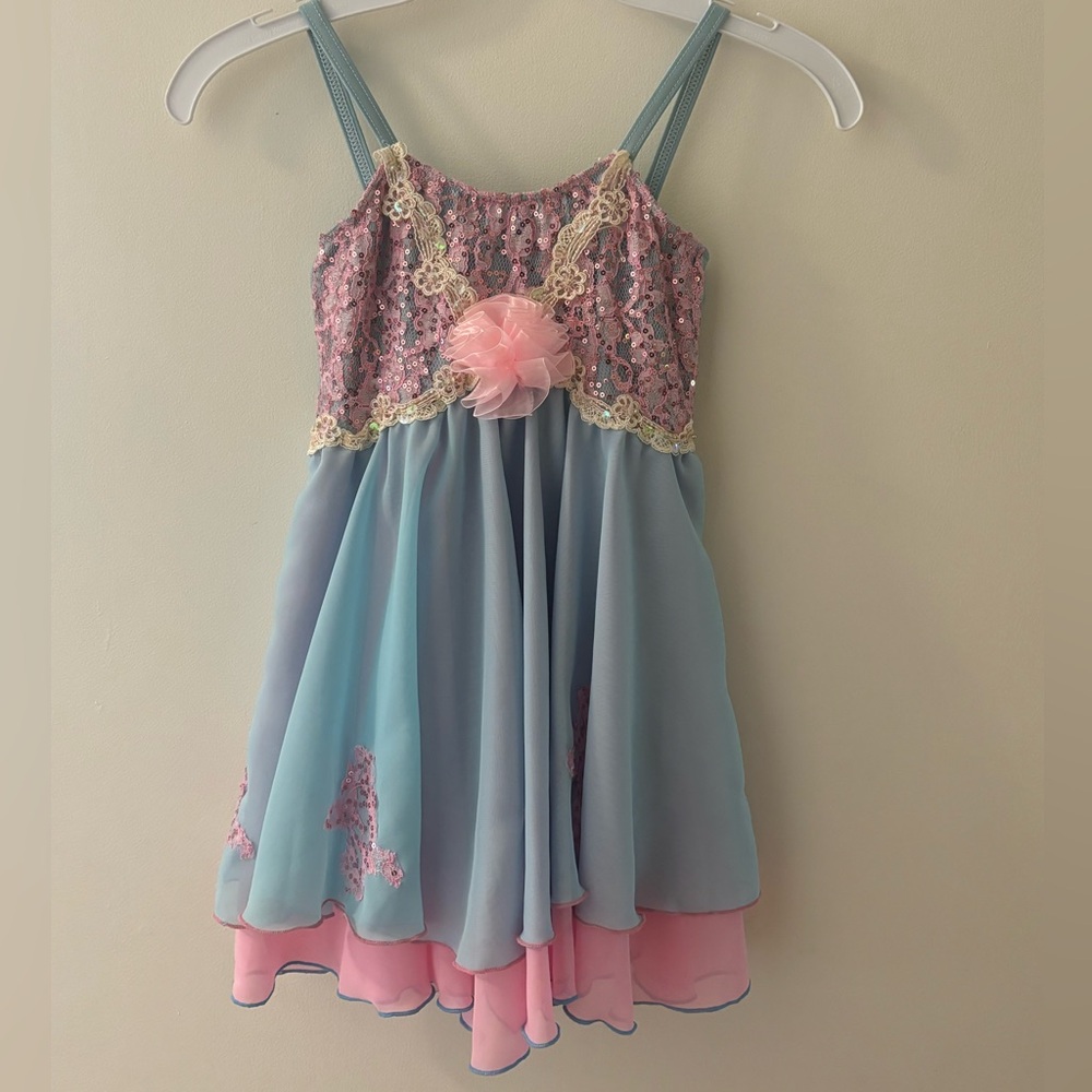 Dance costume, ballet or lyrical, pink and blue, fits child size medium (age 8).